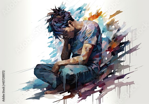 Man thinks about a problem. Time for reflection. Despair, depression, hopelessness or addiction concept. Digital art in watercolor style. Illustration for cover, card, postcard, interior design, print