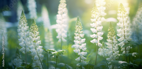 Beautiful white lupine flowers on a blurry background morning sunrise macro. Colorful bright artistic image with a soft focus. © MD Media