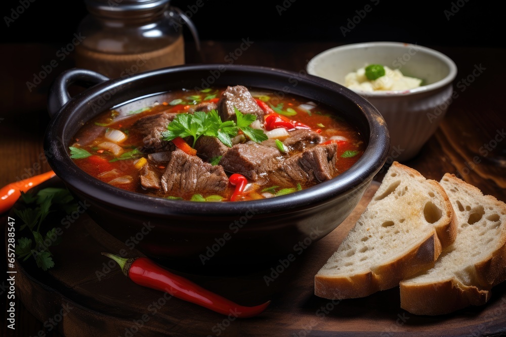 A cozy scene with a bowl of beef stew, garnished with herbs and chili, beside bread on a wooden table.