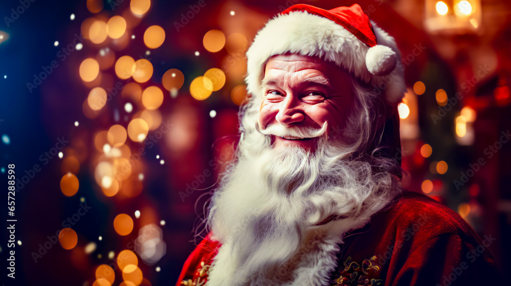 Close up of person wearing santa clause suit and beard. Close up of person wearing santa clause suit and beard.