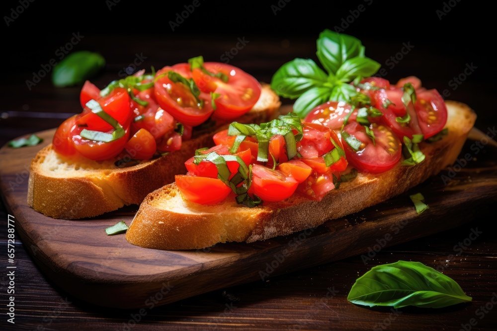 Vibrant bruschetta's on a dark wooden board, with fresh tomatoes and basil, under dramatic lighting. Vibrant bruschetta's on a dark wooden board, with fresh tomatoes and basil, under dramatic lighting.