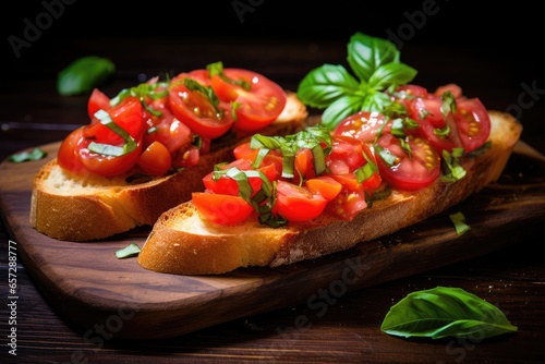 Vibrant bruschetta's on a dark wooden board, with fresh tomatoes and basil, under dramatic lighting.