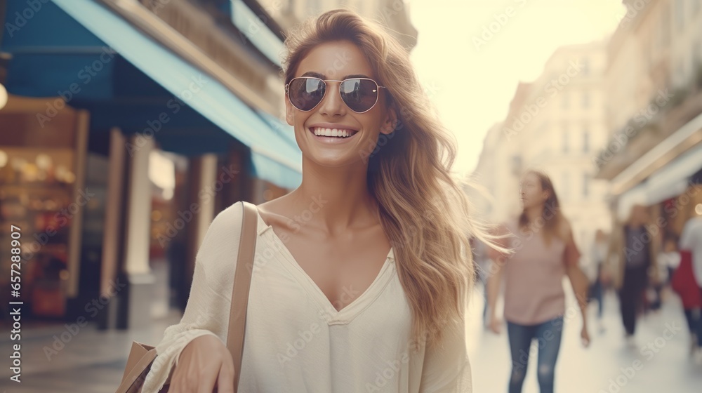 A stylish woman walking confidently down a vibrant city street wearing sunglasses