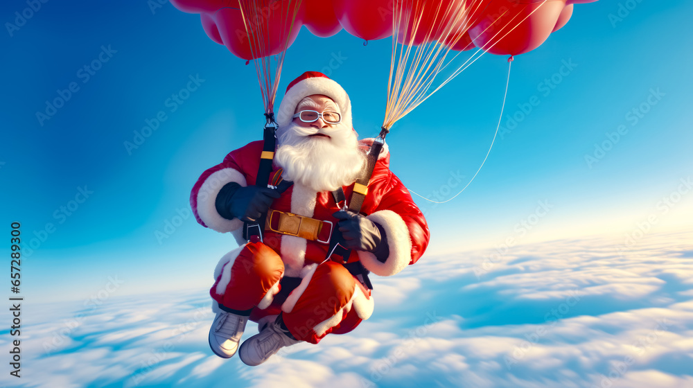 Man dressed as santa claus is parachuting in the sky with red balloons. Man dressed as santa claus is parachuting in the sky with red balloons.
