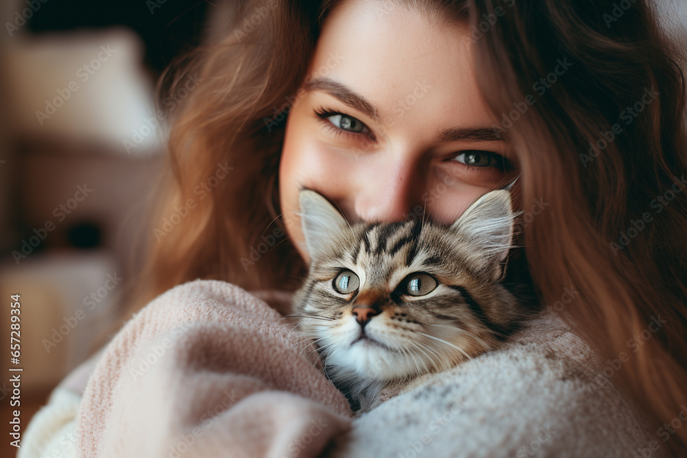 woman with a gentle smile, cradling a newly adopted cat in her arms at an animal shelter. ai generative woman with a gentle smile, cradling a newly adopted cat in her arms at an animal shelter. ai generative
