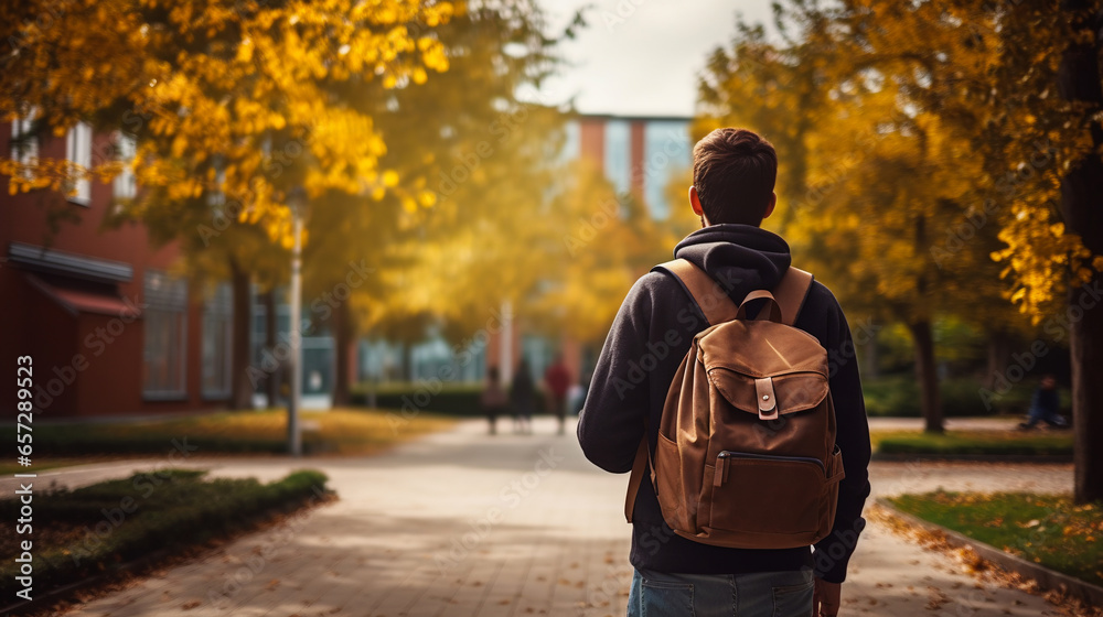 Back to school, Back of college student with backpack while going to university by walking from street, teenager in campus, education background. ai generative - obrazy, fototapety, plakaty 