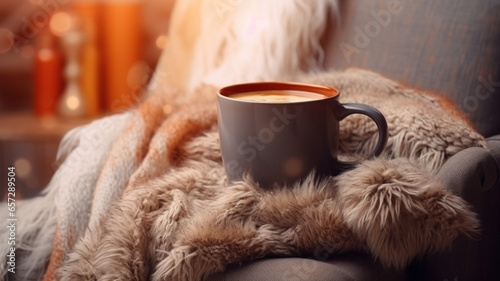 Cup of hot tea or coffee. Knitted warm blanket and sheep skin. Cozy hygge atmosphere at home. Selective focus, bokeh background.