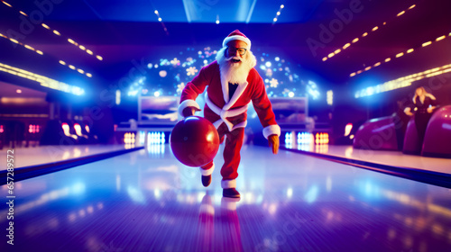 Man dressed as santa claus bowling on bowling alley with bowling ball.