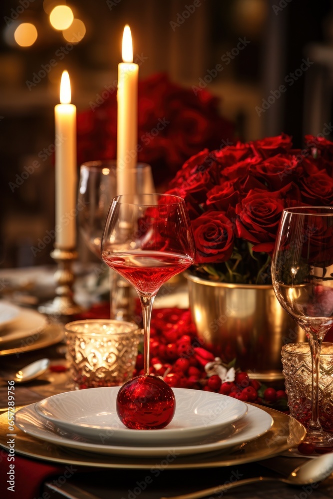 Festive table setting with candles, glasses, and red flowers
