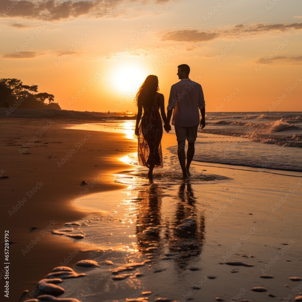 Couple walking hand-in-hand on a beach at sunset