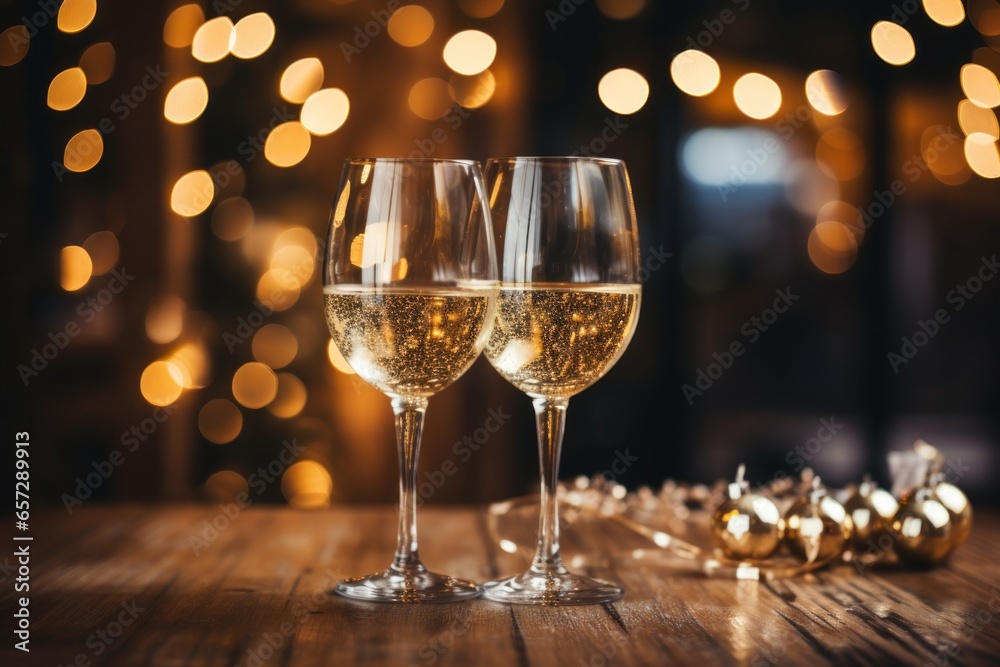 Sparkling champagne glasses with holiday lights in the background Sparkling champagne glasses with holiday lights in the background