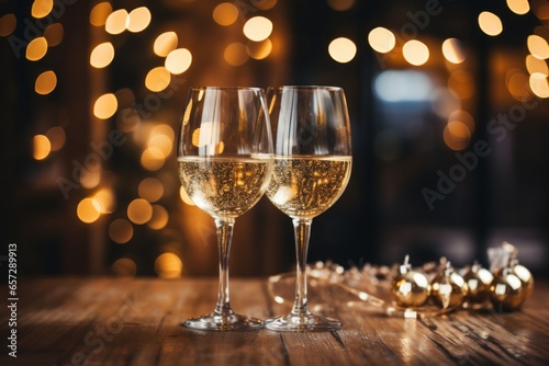 Sparkling champagne glasses with holiday lights in the background