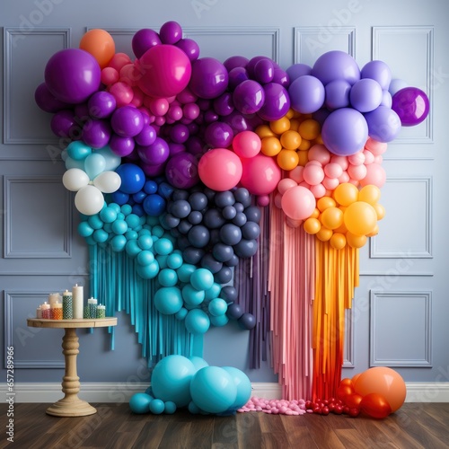 Vibrant rainbow balloon backdrop with tassels