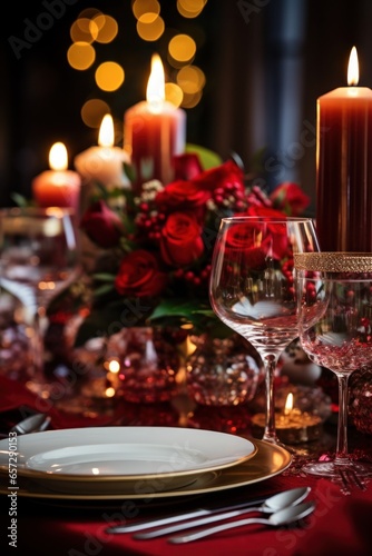 Festive table setting with candles  glasses  and red flowers