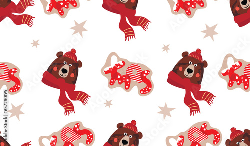 Cartoon bear in warm scarf and lettering.Christmas seamless pattern with funny character and handwritten text.Winter holydays background for printing on fabric and paper.Vector hand drawn
