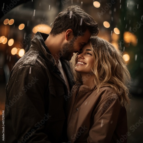 Couple sharing a moment under an umbrella in the rain