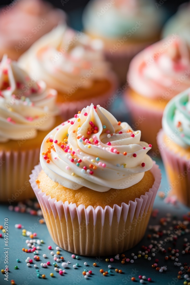 Vanilla cupcakes with pastel-colored frosting and heart-shaped sprinkles