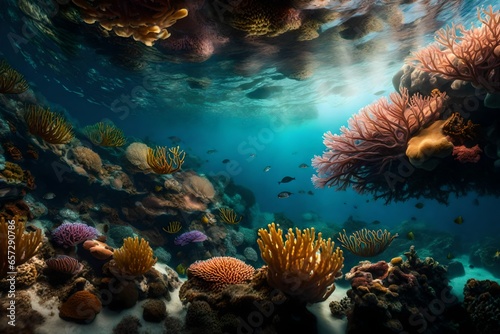 An underwater view of a coral reef, with a variety of marine life swimming around.