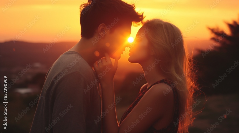 Fototapeta premium Romantic young couple kissing outdoor at sunset, boy friend and girl friend have a moment at twilight.