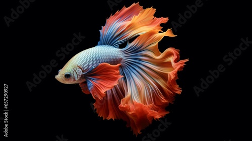 Betta fish. Colorful fighting Siamese fish with beautiful silk tail isolated on black. Amazing exotic tropical fish ai generated illustration © JW Studio