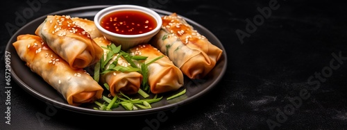 deep fried spring rolls, Por Pieer Tod or Fried spring rolls (Thai Spring Roll) popular Snacks displayed on decent dark dish on dark wooden background with copy space. photo