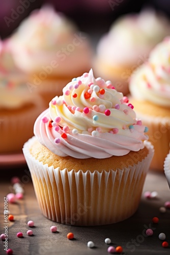 Vanilla cupcakes with pastel-colored frosting and heart-shaped sprinkles