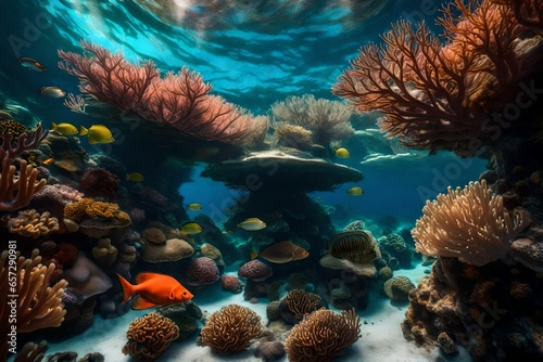 An underwater view of a coral reef, with a variety of marine life swimming around.