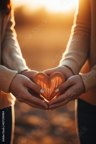 Close-up of couple's hands forming a heart shape.