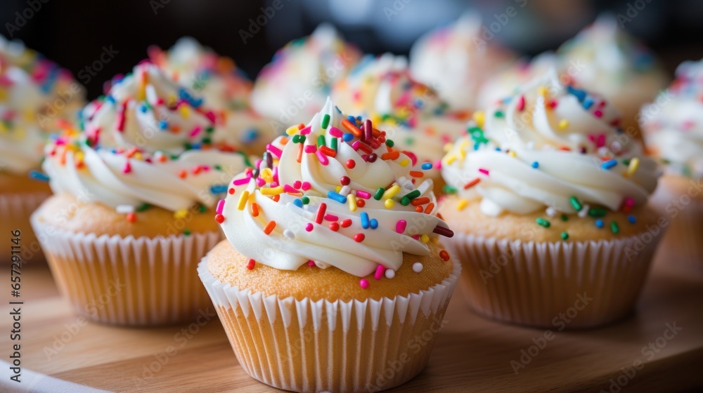 Rainbow-colored cupcakes with whipped cream frosting and rainbow sprinkles Rainbow-colored cupcakes with whipped cream frosting and rainbow sprinkles