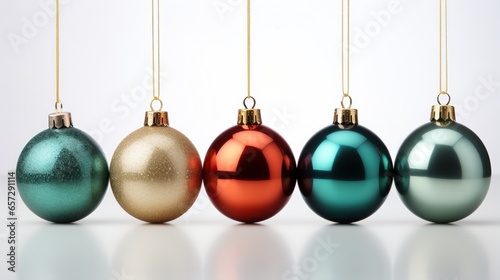 Close-up of Christmas tree ornaments on a white background.