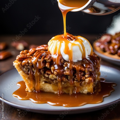 Pecan pie with caramel drizzle, a sweet and nutty delight