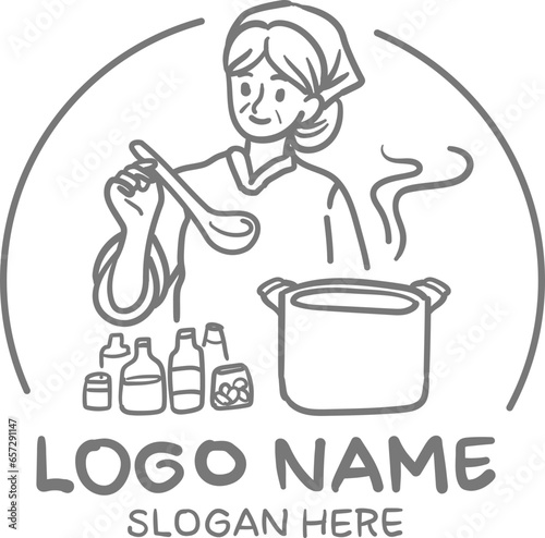Happy grandmother cooking food in the kitchen logo. hand-drawn style of vector doodle design illustrations. sketch. on an isolated white background.