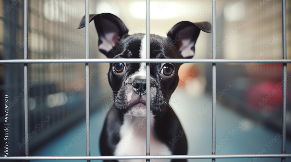 A French Terrier dog from a pet store at an animal shelter, standing outside the kennel door, looks cute. ai generative