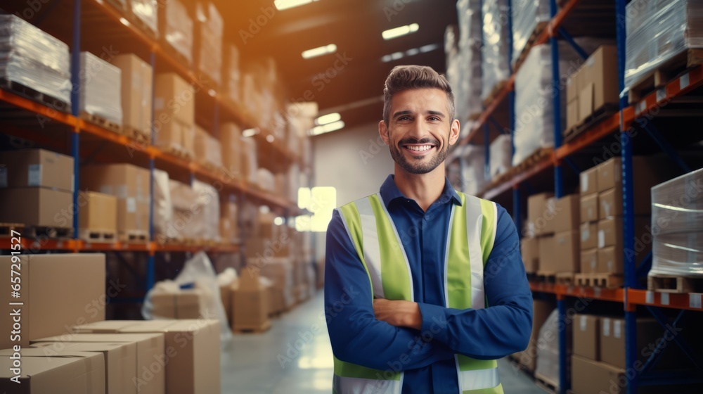 A man standing confidently with crossed arms in a warehouse A man standing confidently with crossed arms in a warehouse