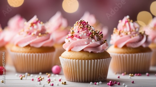 Pink and gold cupcakes with sprinkles on top.
