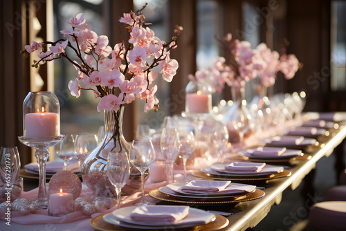 Elegant wedding reception table set with crystal glasses, and decorative floral centerpieces.