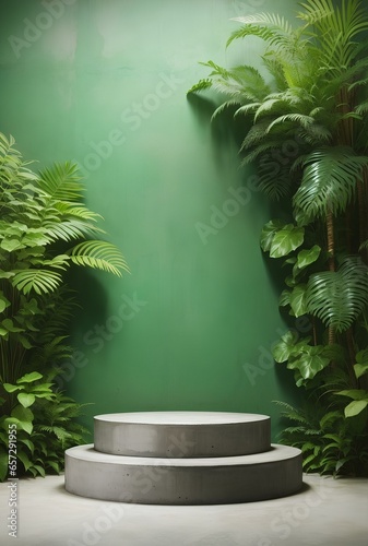 Concrete podium with tropical forest background.
