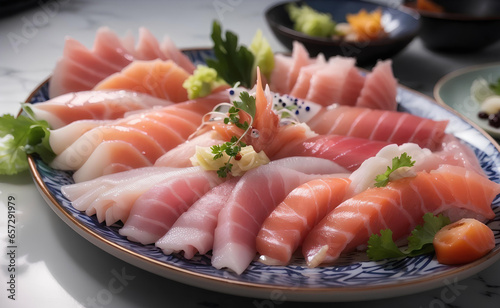 Many kind of Japanese sashimi on ceramic plate.