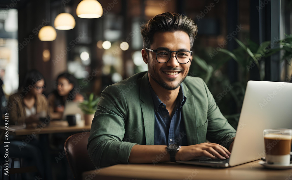 A smiling man working on computer in café. A smiling man working on computer in café.
