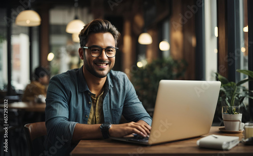 A smiling man working on computer in café.