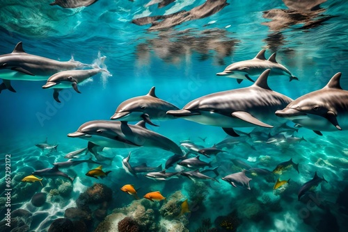 A pod of dolphins swimming through a crystal-clear sea, with coral reefs and colorful fish visible below the surface.   © Abid