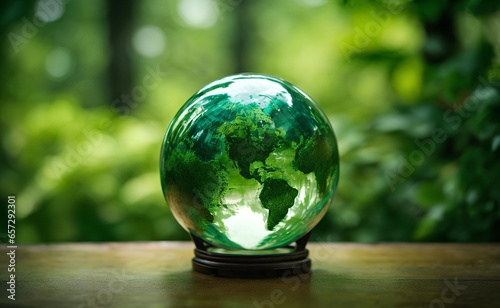Globe glass on wooden ground with nature background.