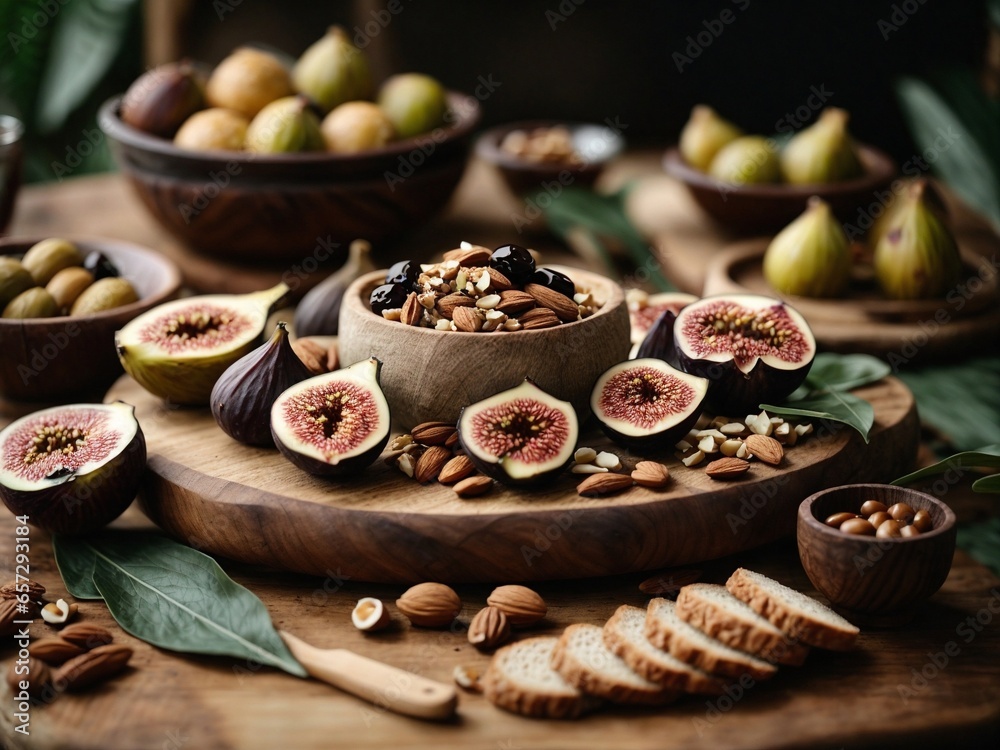 Rustic style dinner with cheese, grapes, figs, nuts, olives, home-made bread, glass of red wine on a table