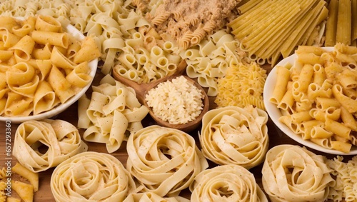 Top view of raw Italian pasta (penne, pipe, tagliatelle, cannelloni, rotini, fusilli, rigatoni, spaghetti, farfalle)