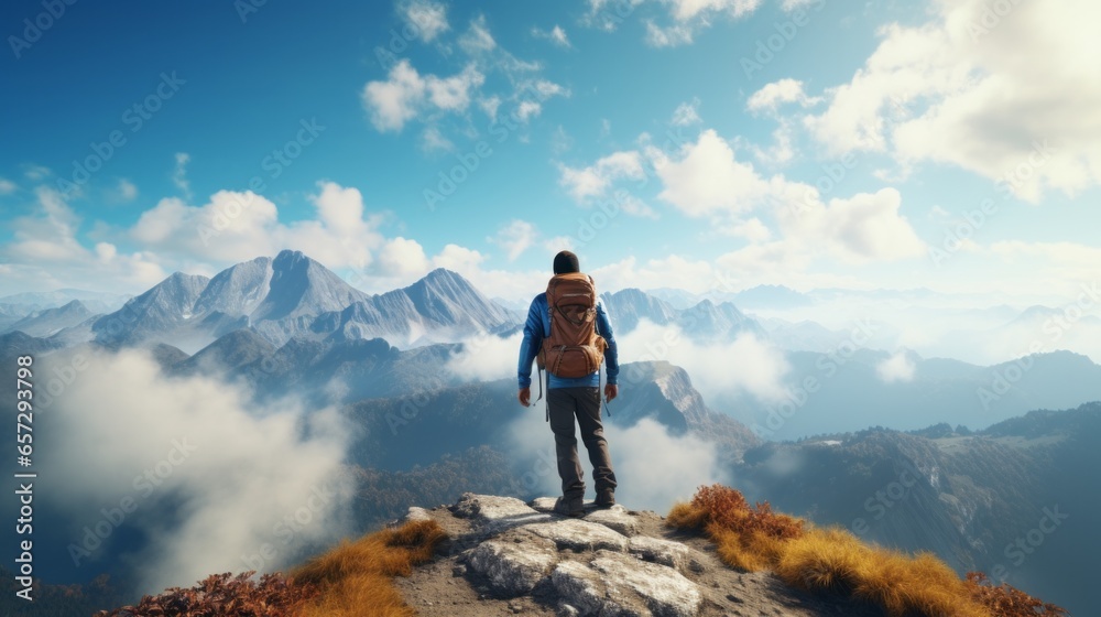 A hiker enjoying the breathtaking view from the summit of a mountain - obrazy, fototapety, plakaty 