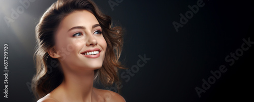 Abstract woman portrait on dark background. Advertising cosmetic products for beauty, eco cosmetics, natural skincare. Banner.