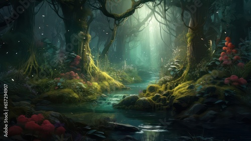 Soft fantasy forest background with creek created with Generative AI © mg photo