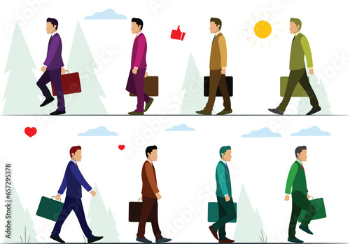 Business Man - A businessman in a suit with a rolling suitcase, walking briskly. This character represents frequent business travelers and can carry a passport or boarding pass.