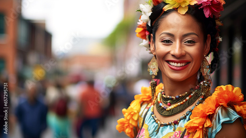 A beautiful smiling girl from Colombia in traditional national clothes against the backdrop of a city street. photo