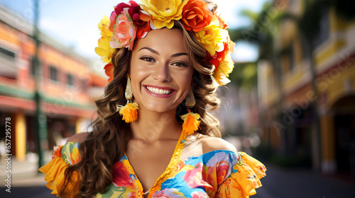 A beautiful smiling girl from Colombia in traditional national clothes against the backdrop of a city street.